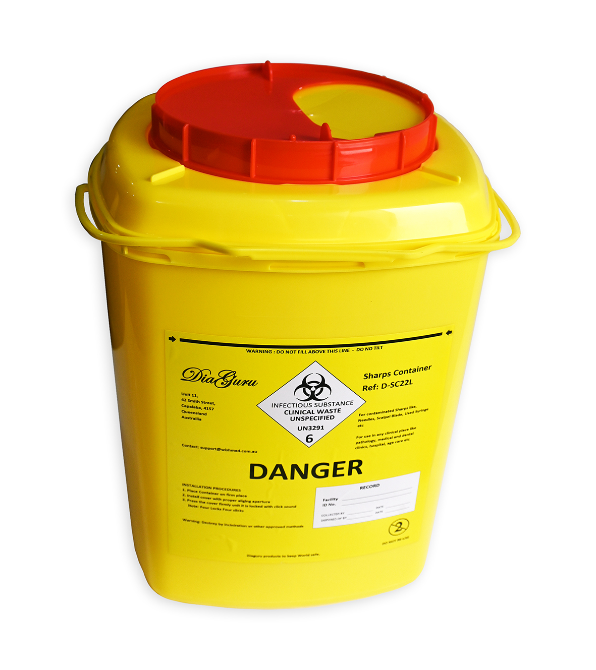 Diaguru Sharps Container 22L Yellow, 10/CTN